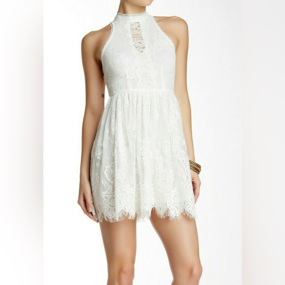 EUC Free People Verushka halter neck sleeveless lace mini dress in ivory Size 4